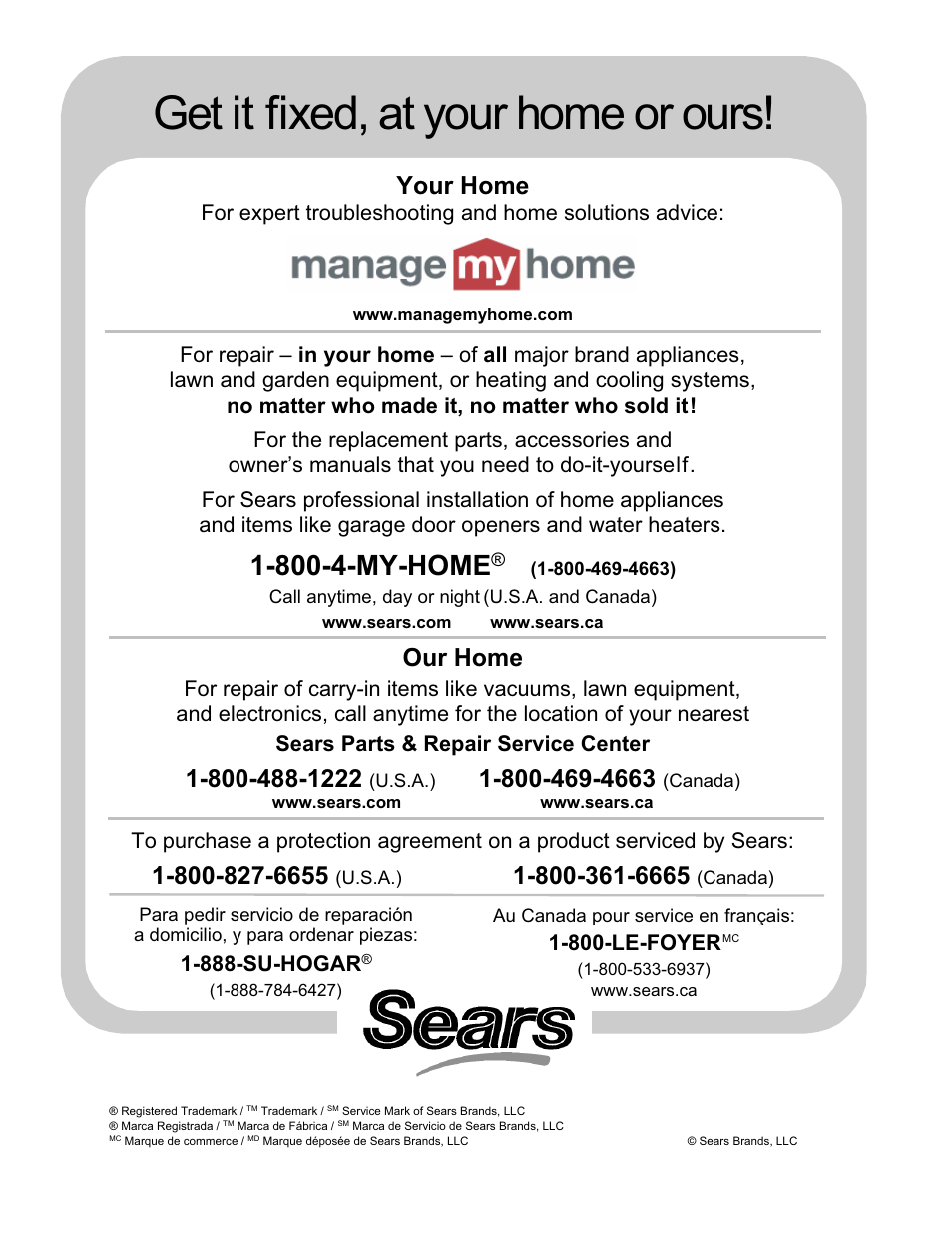 Get it fixed, at your home or ours, 800-4-my-home, Your home | Our home, 888-su-hogar, 800-le-foyer | Craftsman 351.215 User Manual | Page 12 / 12