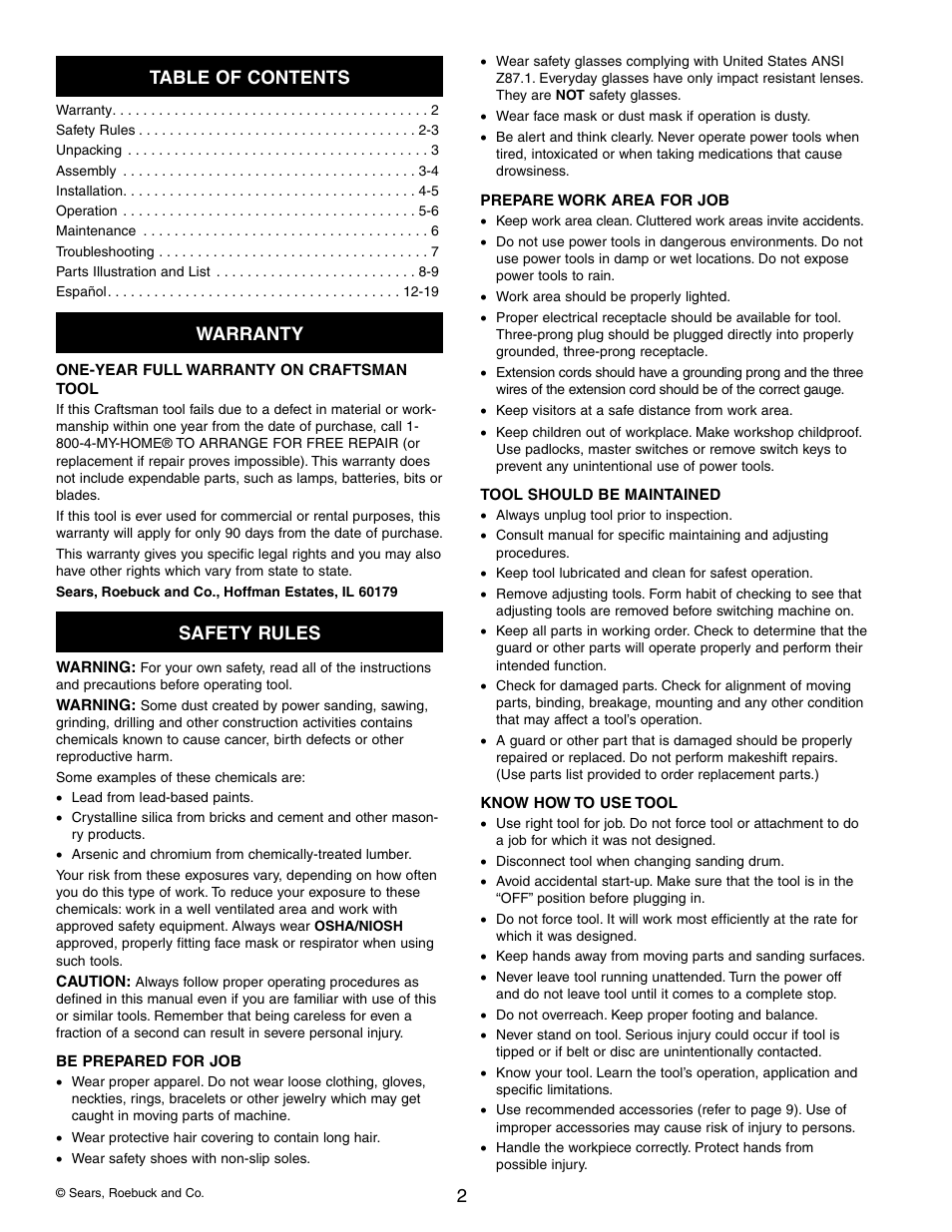 2table of contents, Warranty, Safety rules | Craftsman 351.215 User Manual | Page 2 / 12