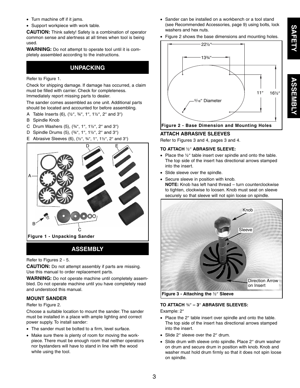 Safety assembl y, Unpacking, Assembly | Craftsman 351.215 User Manual | Page 3 / 12