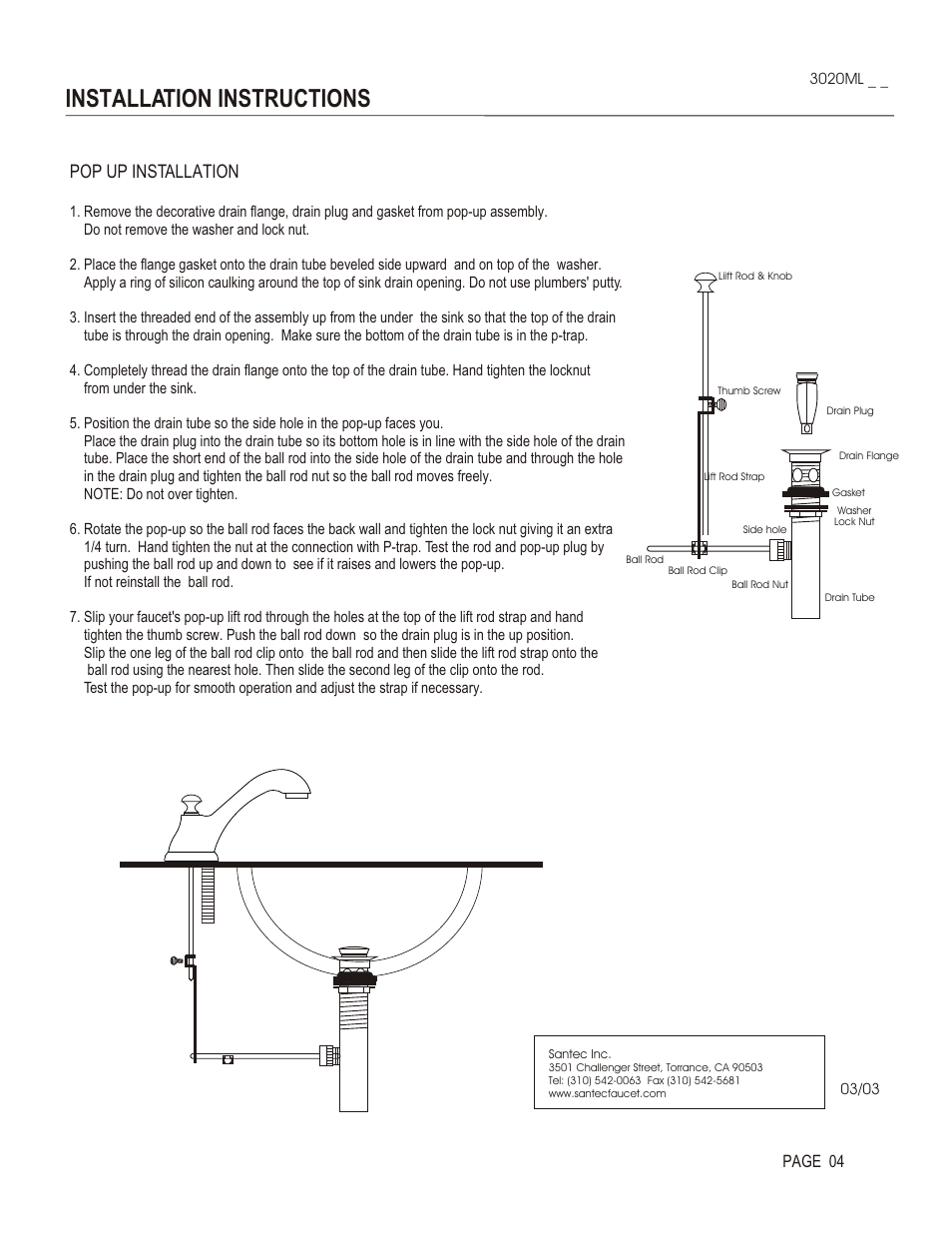 Installation instructions, Pop up installation, Page 04 | Santec 3020ML User Manual | Page 4 / 4