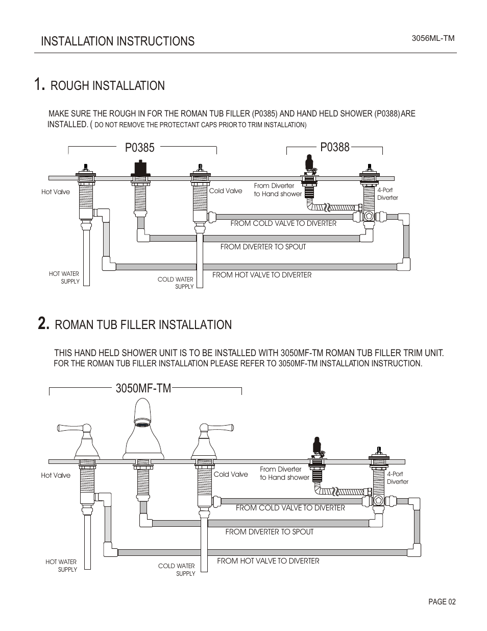 Rough installation, Roman tub filler installation, 3050mf-tm | Santec 3056ML-TM User Manual | Page 2 / 4
