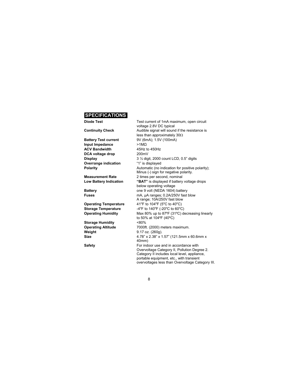 Specifications | Craftsman 82140 User Manual | Page 8 / 21