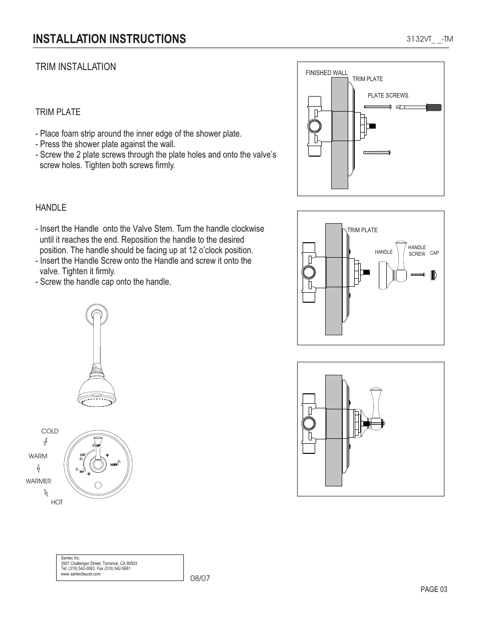 Installation instructions, Trim installation | Santec 3132VT User Manual | Page 3 / 4