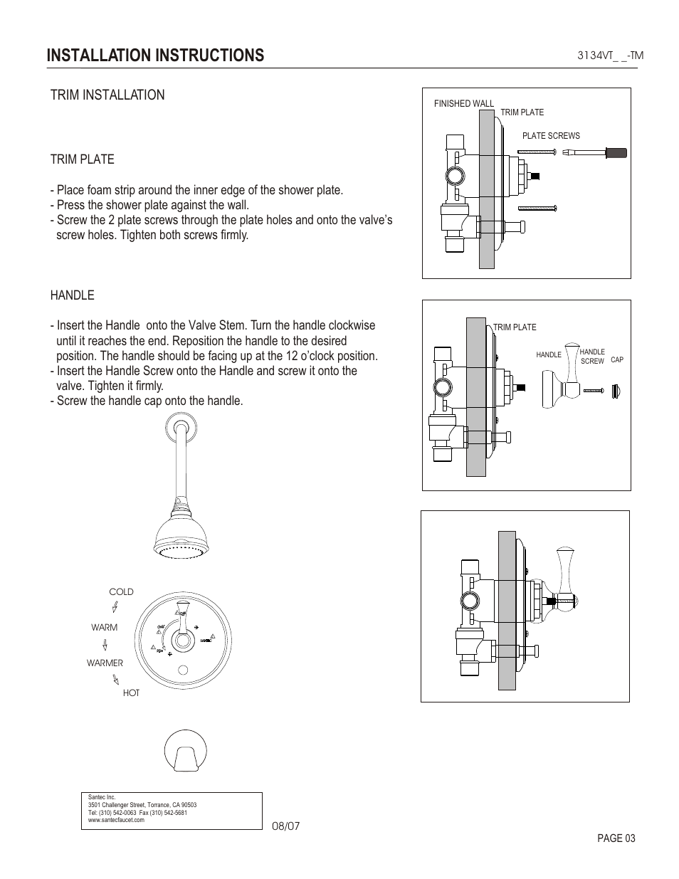 Installation instructions, Trim installation | Santec 3134VT User Manual | Page 3 / 4