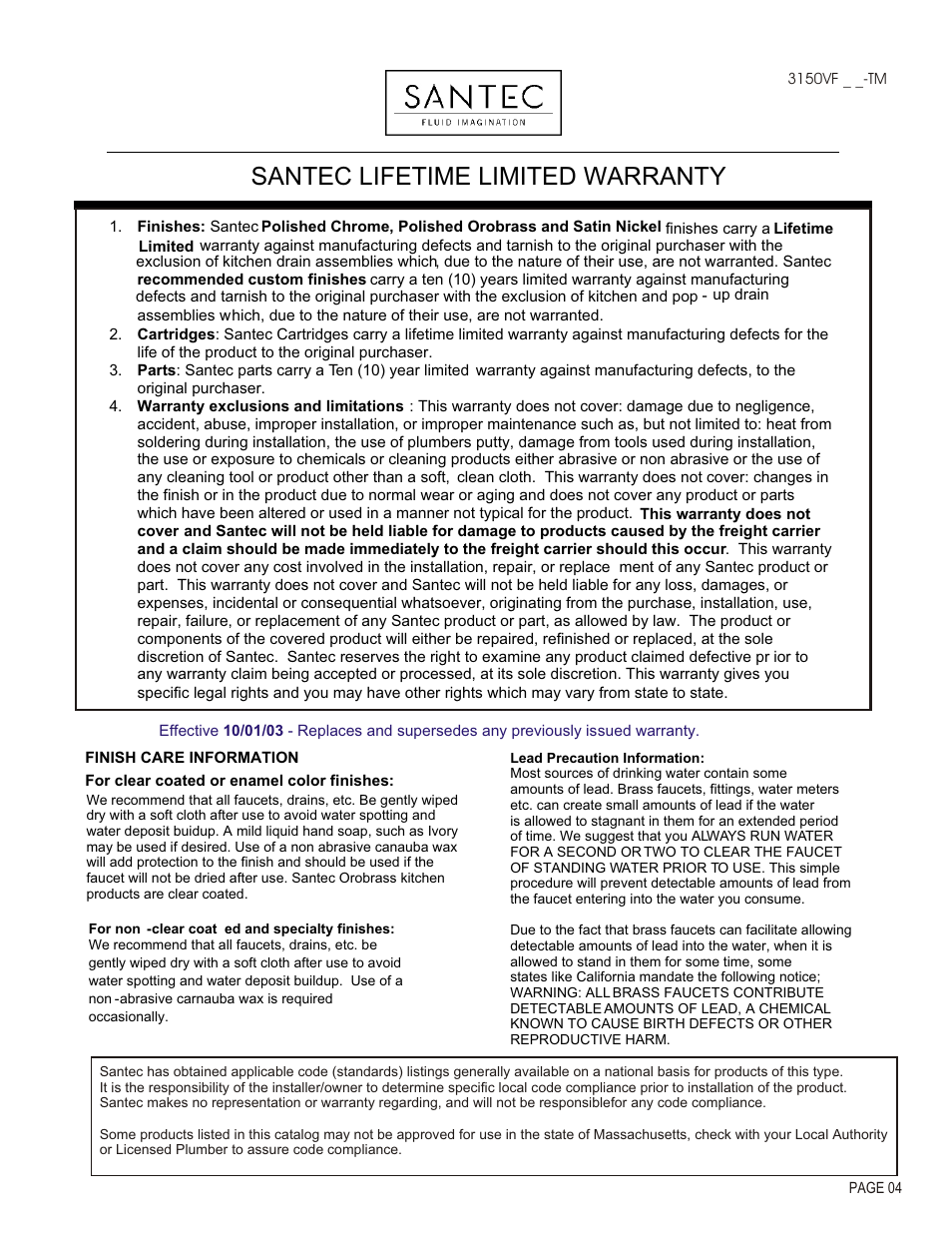 Santec lifetime limited warranty | Santec 3150VF-TM User Manual | Page 4 / 4