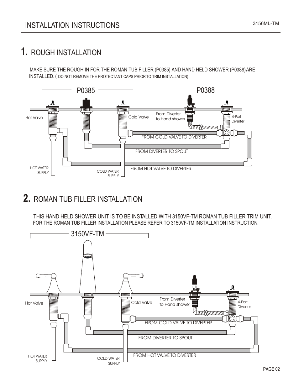 Rough installation, Roman tub filler installation, 3150vf-tm | Santec 3156ML-TM User Manual | Page 2 / 4