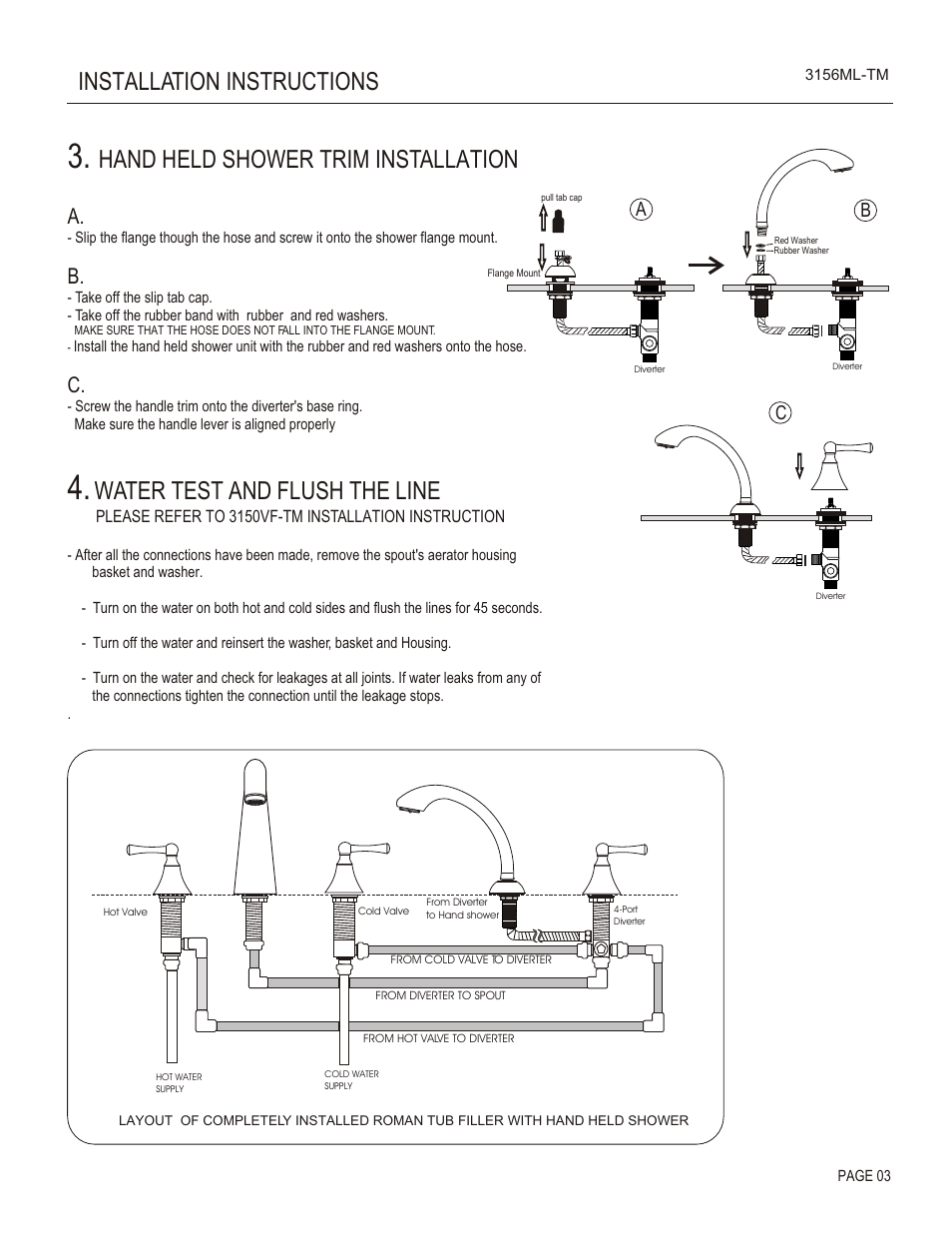 Installation instructions, Hand held shower trim installation, Water test and flush the line | Santec 3156ML-TM User Manual | Page 3 / 4