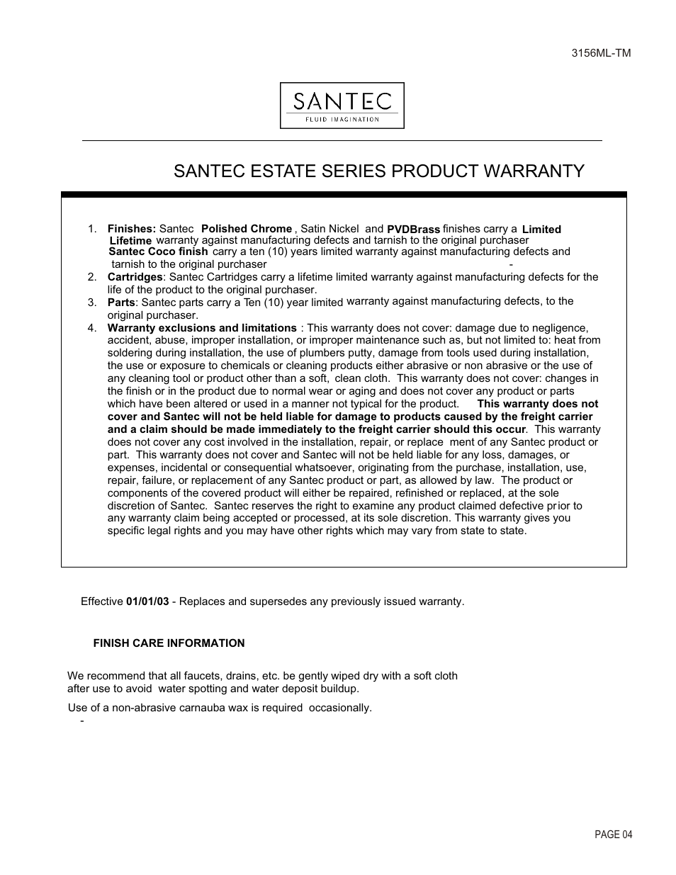 Santec estate series product warranty | Santec 3156ML-TM User Manual | Page 4 / 4