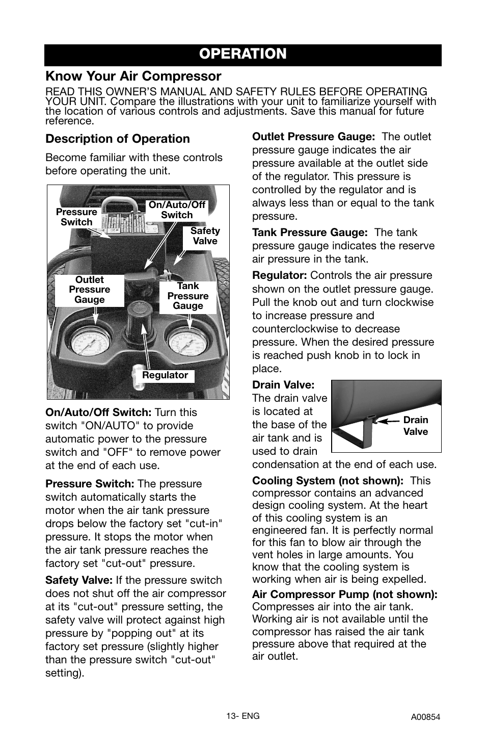 Operation, Know your air compressor, Description of operation | Craftsman 919.16558 User Manual | Page 13 / 48