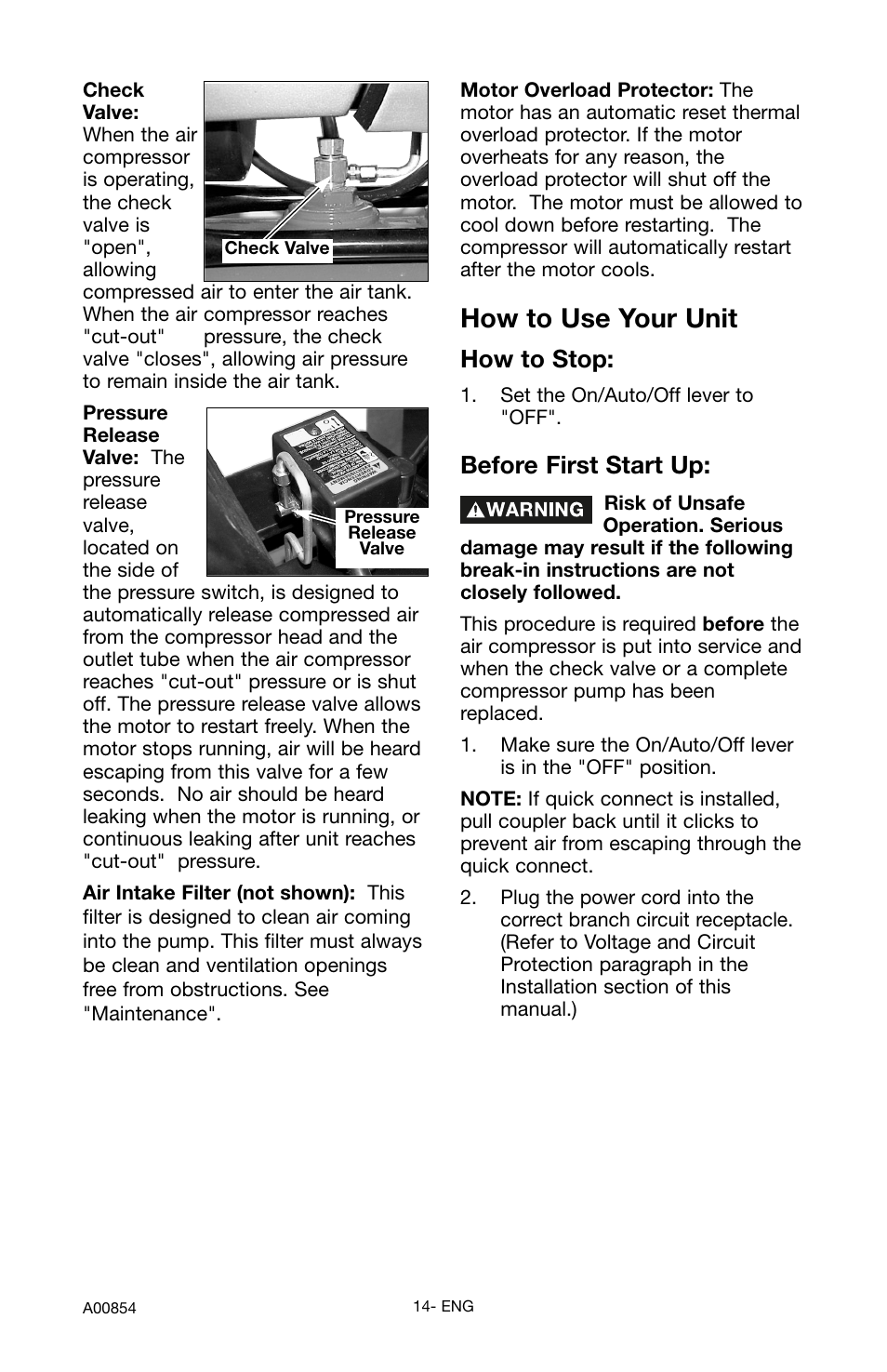 How to use your unit, Before first start up, How to stop | Craftsman 919.16558 User Manual | Page 14 / 48