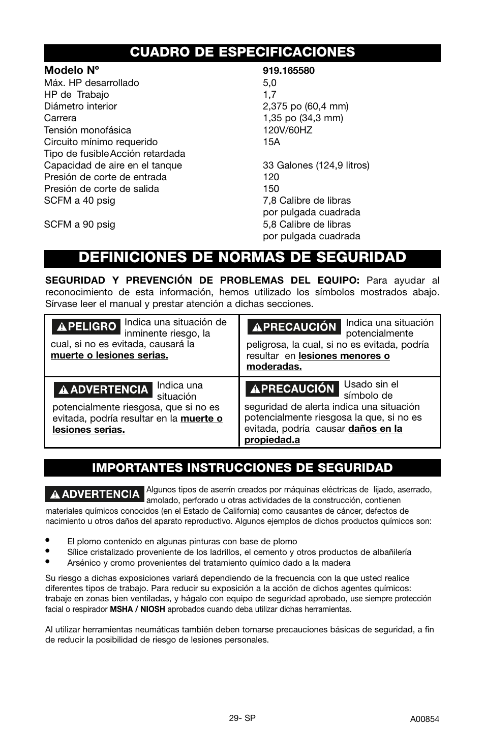 Definiciones de normas de seguridad, Cuadro de especificaciones, Importantes instrucciones de seguridad | Craftsman 919.16558 User Manual | Page 25 / 48
