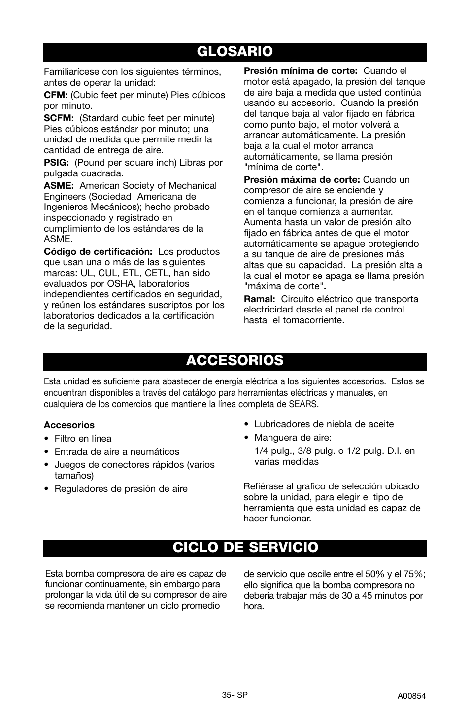 Accesorios, Glosario, Ciclo de servicio | Craftsman 919.16558 User Manual | Page 31 / 48