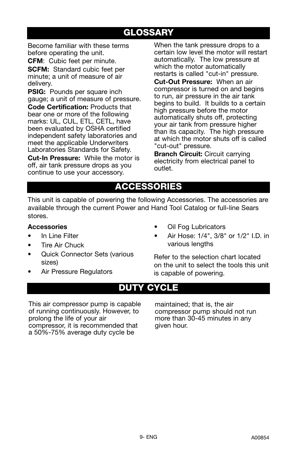 Accessories, Glossary, Duty cycle | Craftsman 919.16558 User Manual | Page 9 / 48