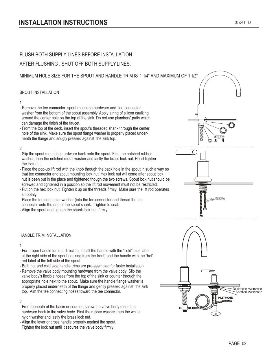 Installation instructions, Flush both supply lines before installation, After flushing , shut off both supply lines | And maximum of 1, Page 02 | Santec 3520TD User Manual | Page 2 / 4