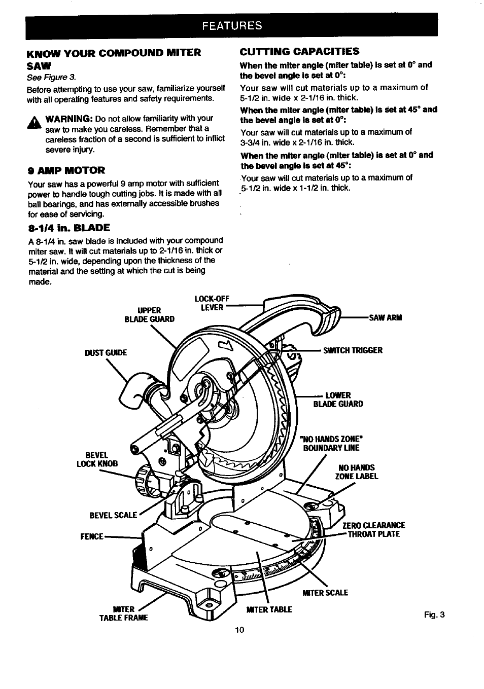 Features know your compound miter saw, 9 amp motor, 1/4 in. blade | Cutting capacities | Craftsman 315.212080 User Manual | Page 10 / 36