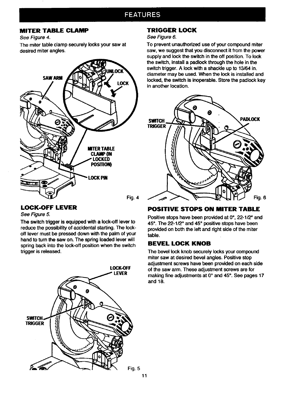 Features miter table clamp, Lock-off lever, Trigger lock | Positive stops on miter table, Bevel lock knob | Craftsman 315.212080 User Manual | Page 11 / 36