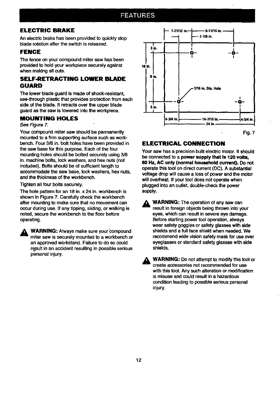 Features electric brake, Fence, Self-retracting lower blade guard | Mounting holes, Electrical connection | Craftsman 315.212080 User Manual | Page 12 / 36