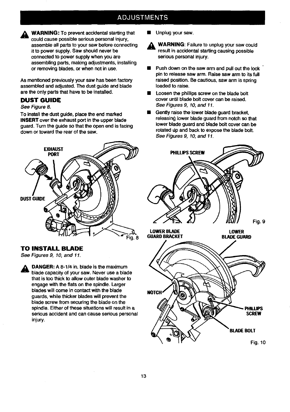 Adjustments, Dust guide | Craftsman 315.212080 User Manual | Page 13 / 36