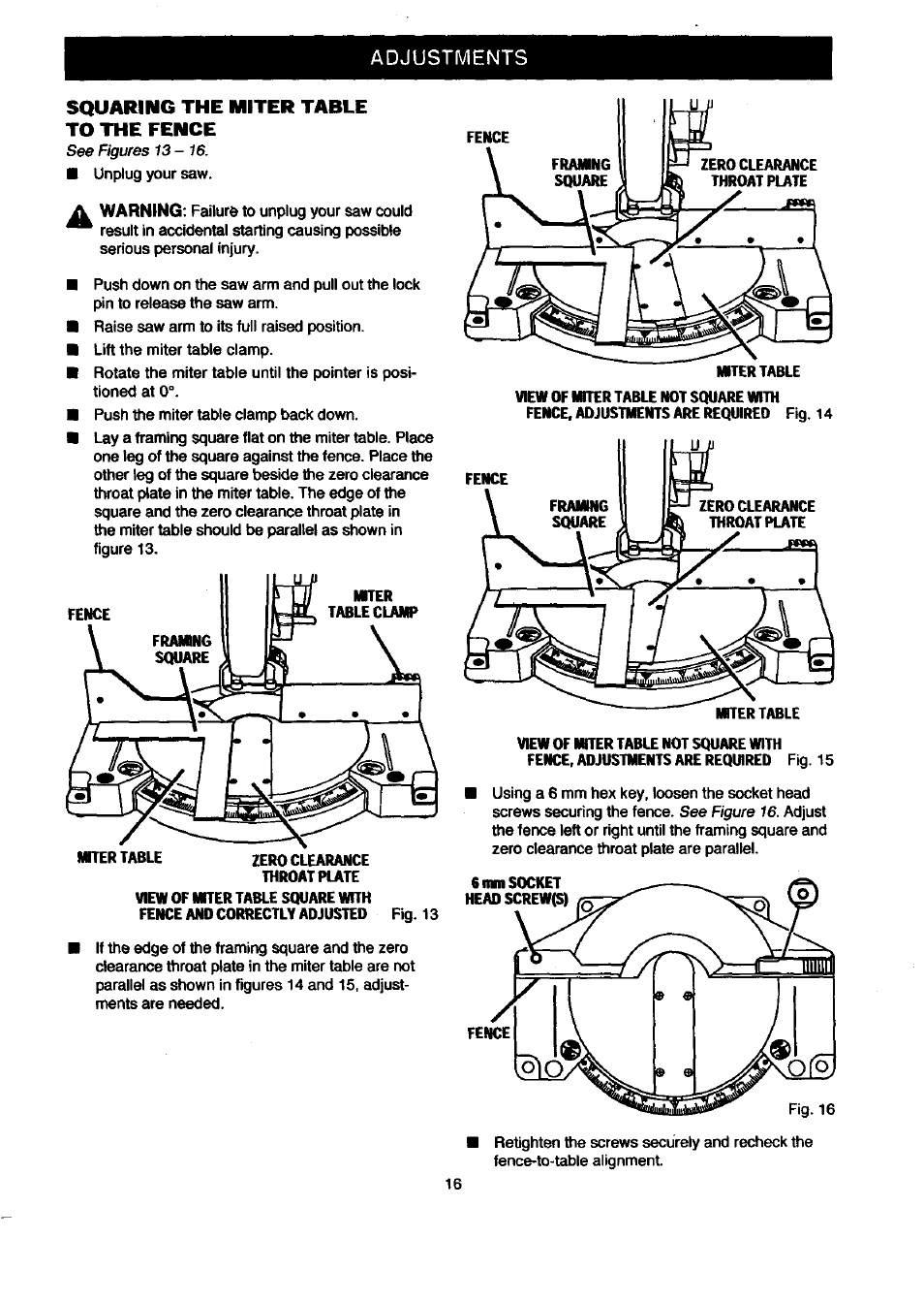 Adjustments squaring the miter table to the fence | Craftsman 315.212080 User Manual | Page 16 / 36