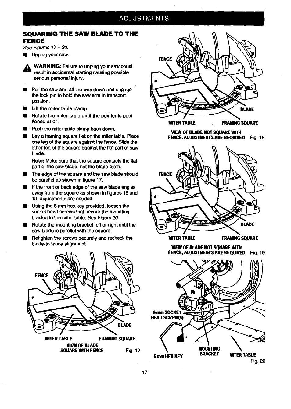 Adjustments squaring the saw blade to the fence | Craftsman 315.212080 User Manual | Page 17 / 36