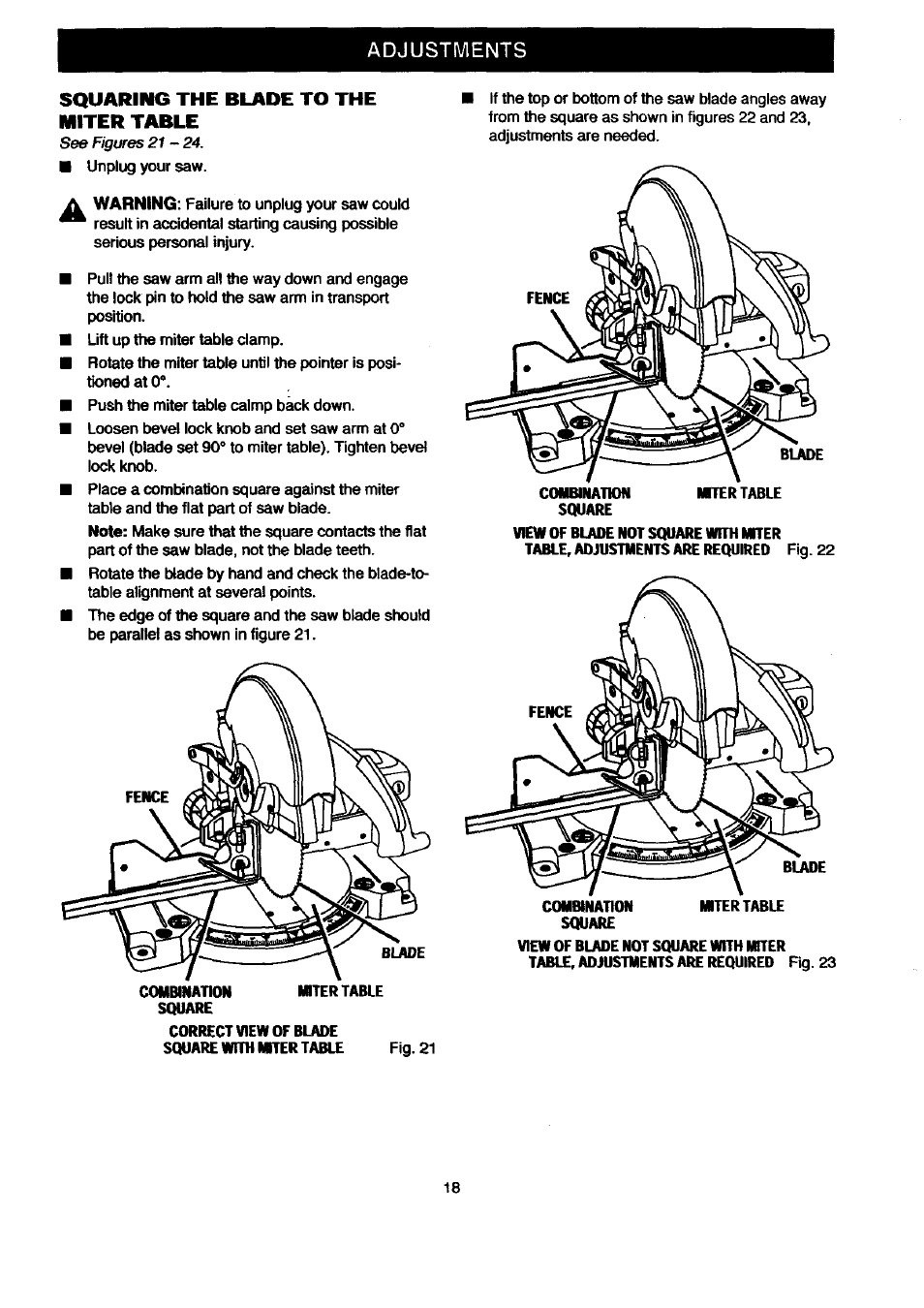 Adjustments squaring the blade to the miter table | Craftsman 315.212080 User Manual | Page 18 / 36
