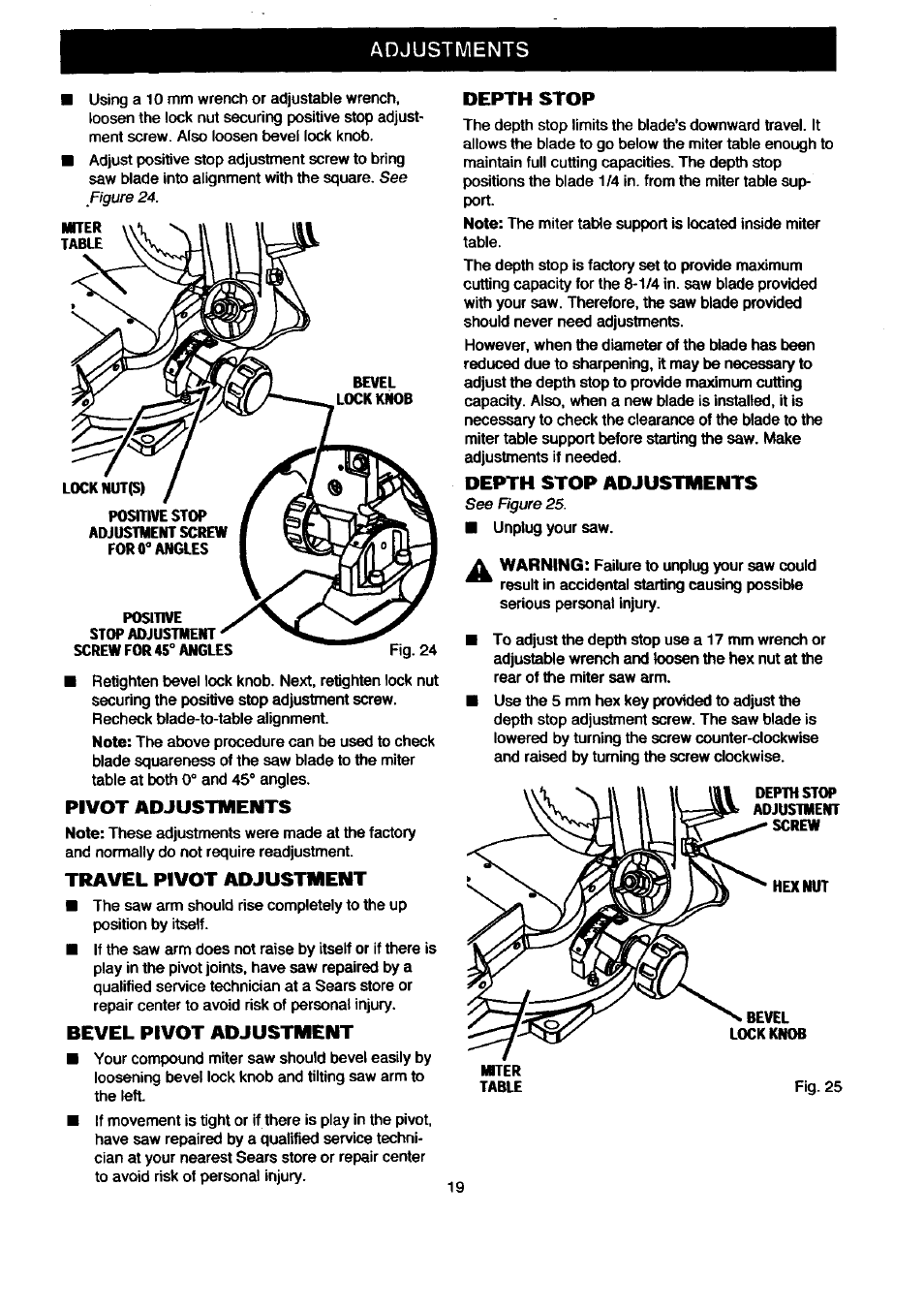 Adjustments, Pivot adjustments, Travel pivot adjustment | Bevel pivot adjustment, Depth stop, Depth stop adjustments | Craftsman 315.212080 User Manual | Page 19 / 36