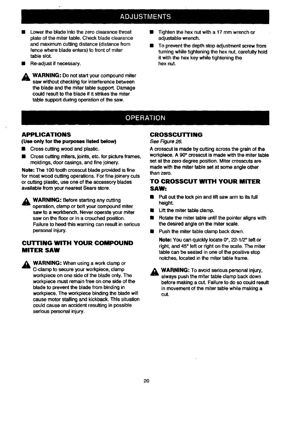 Adjustments, Operation applications, Cutting with your compound miter saw | Crosscutting | Craftsman 315.212080 User Manual | Page 20 / 36