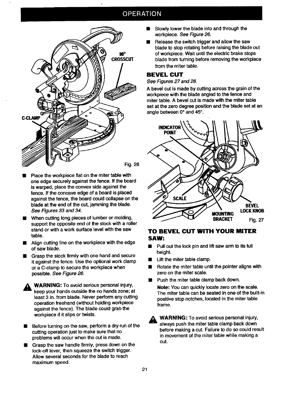 Operation, Bevel cut | Craftsman 315.212080 User Manual | Page 21 / 36