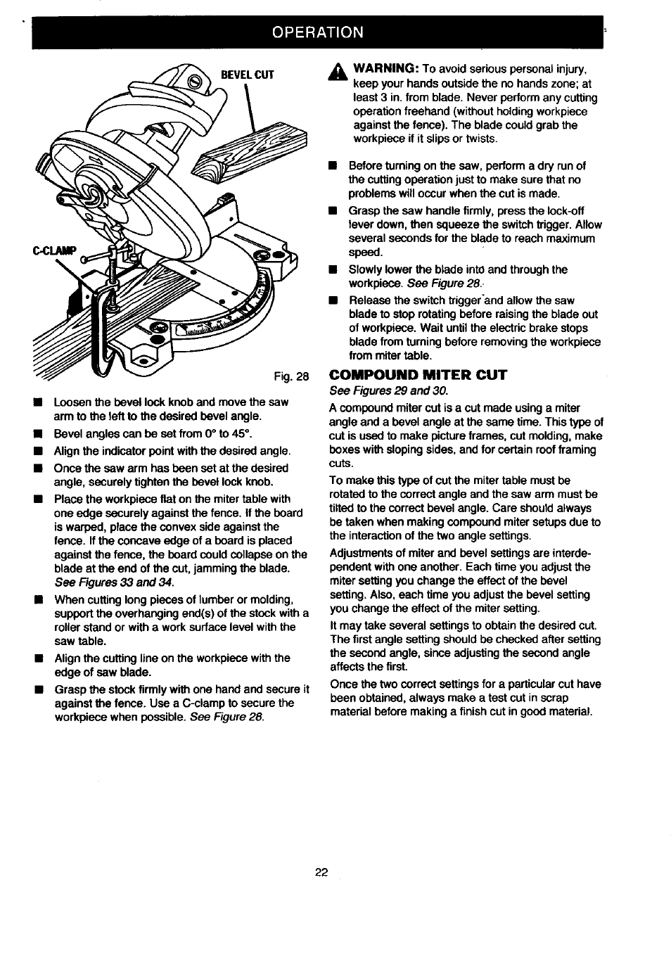 Operation, Compound miter cut | Craftsman 315.212080 User Manual | Page 22 / 36