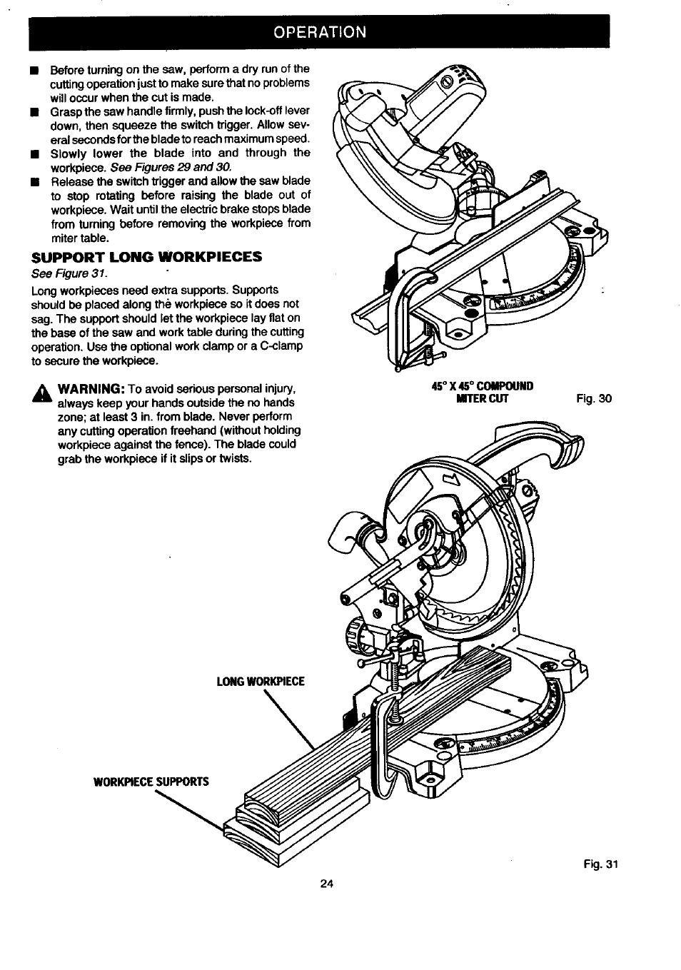 Operation, Support long workpieces | Craftsman 315.212080 User Manual | Page 24 / 36