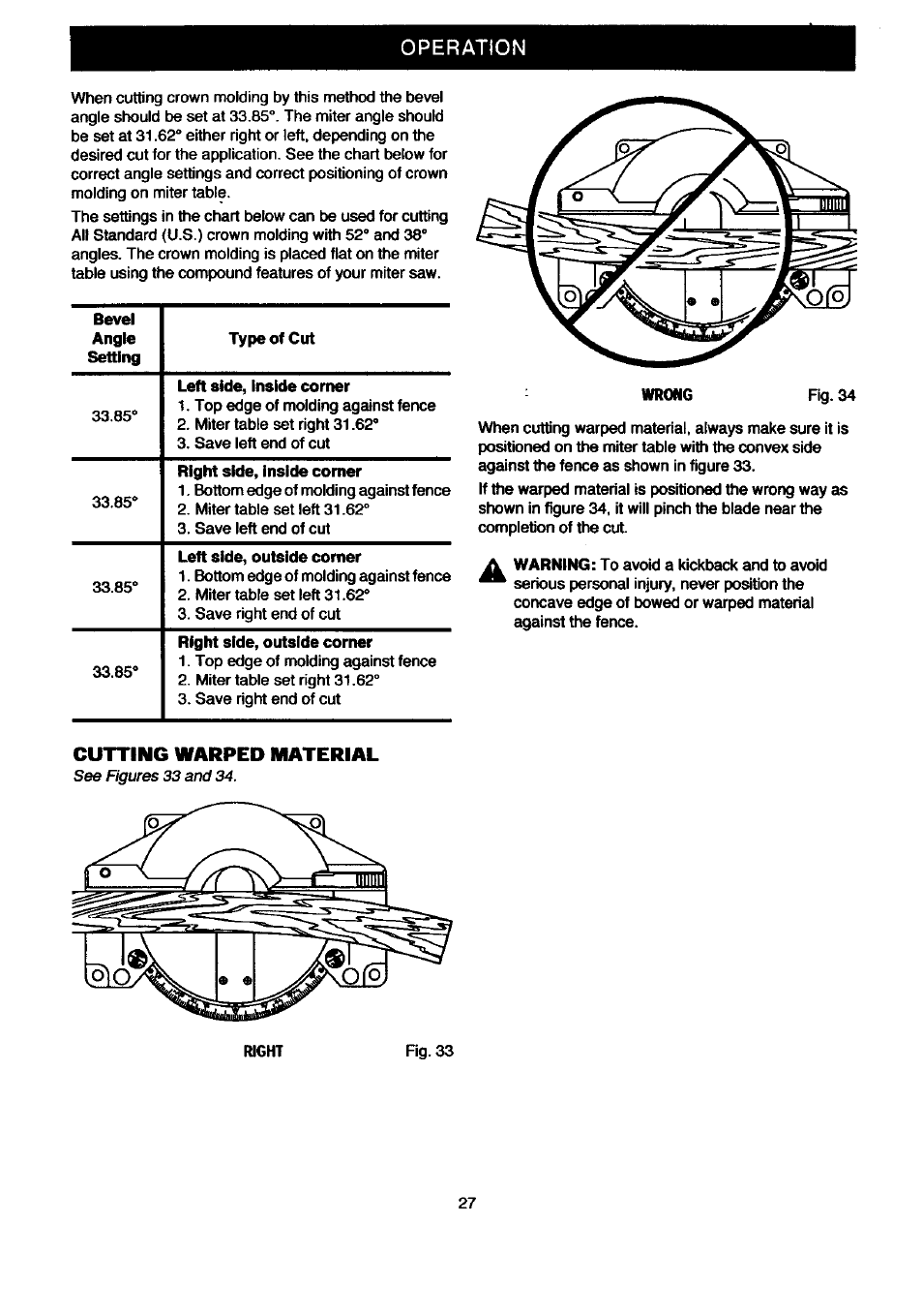 Operation, Cutting warped material | Craftsman 315.212080 User Manual | Page 27 / 36