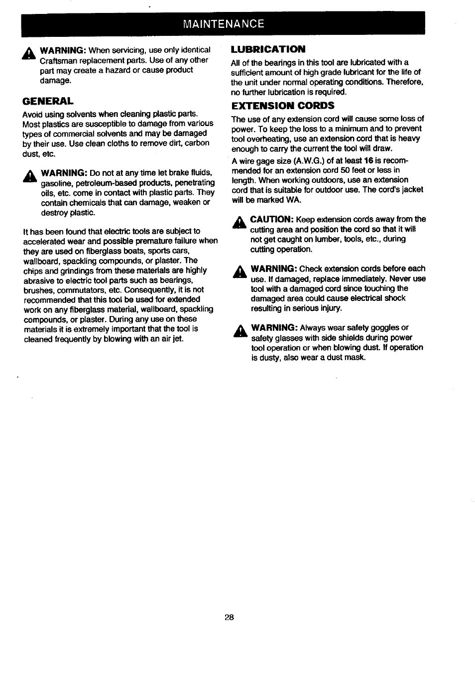 Maintenance, General, Lubrication | Extension cords | Craftsman 315.212080 User Manual | Page 28 / 36