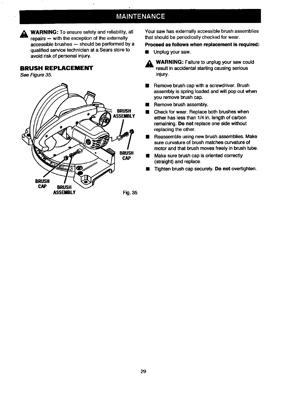 Maintenance, Brush replacement | Craftsman 315.212080 User Manual | Page 29 / 36