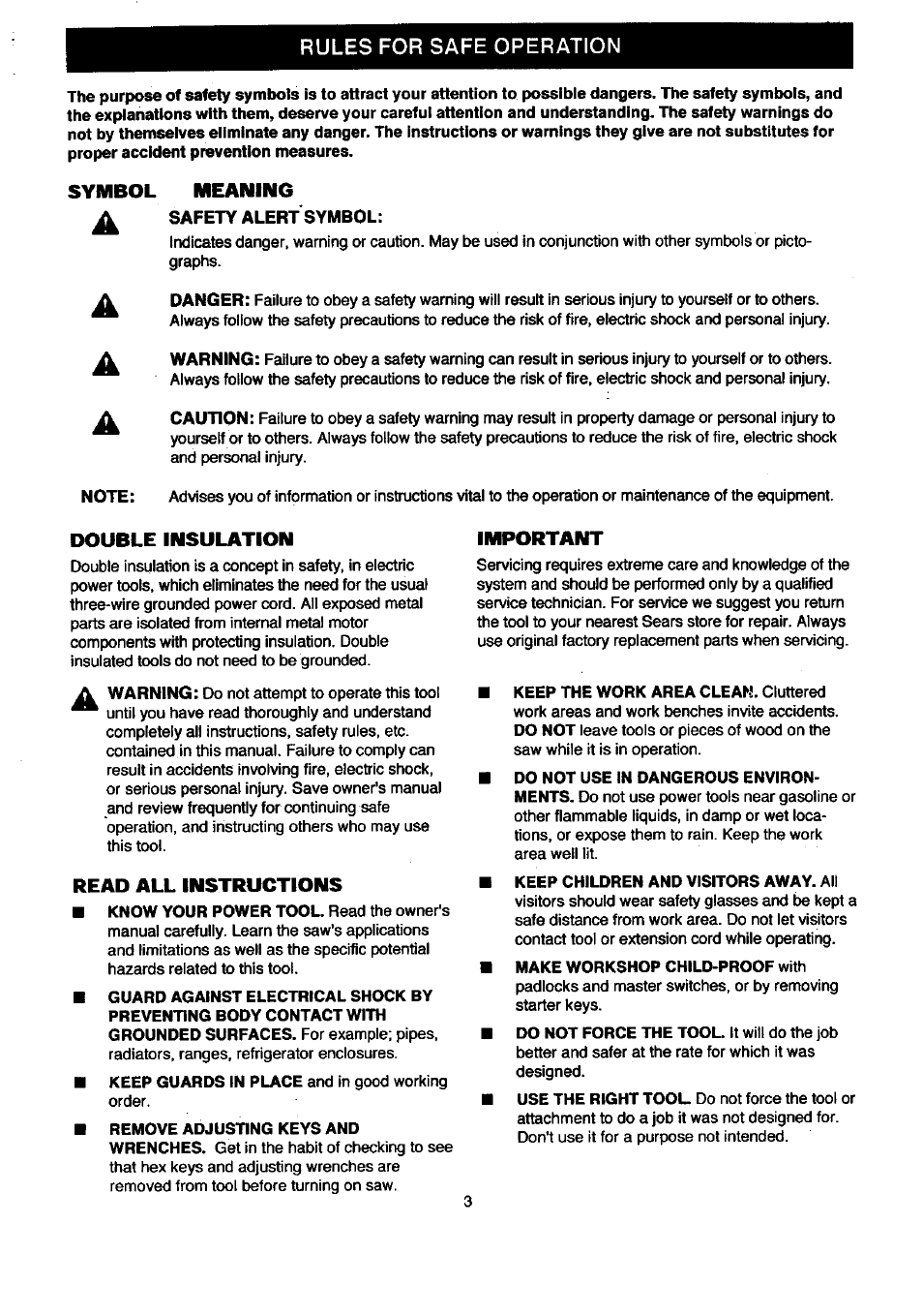 Rules for safe operation, Symbol, Meaning | Double insulation, Read all instructions, Important | Craftsman 315.212080 User Manual | Page 3 / 36