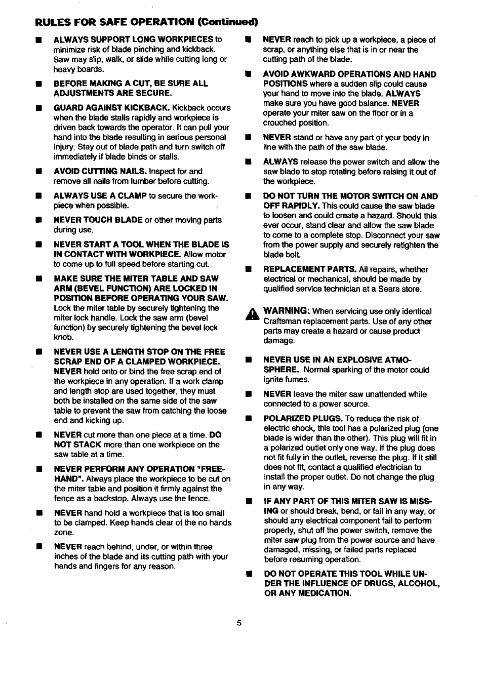 Rules for safe operation (continued) | Craftsman 315.212080 User Manual | Page 5 / 36