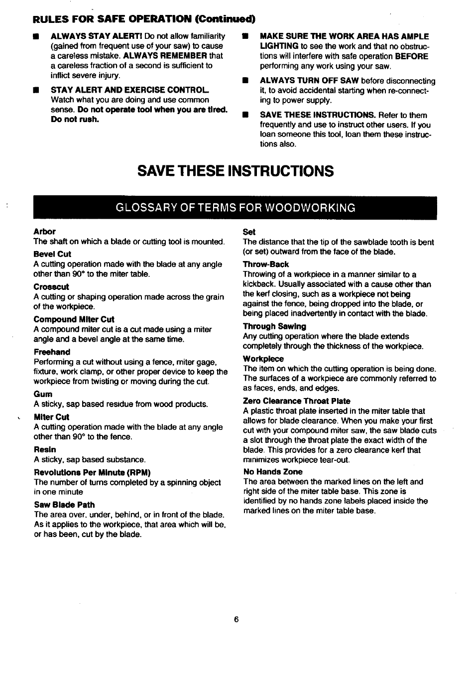 Save these instructions, Rules for safe operation (continued), Glossary ofterms for woodworking | Craftsman 315.212080 User Manual | Page 6 / 36