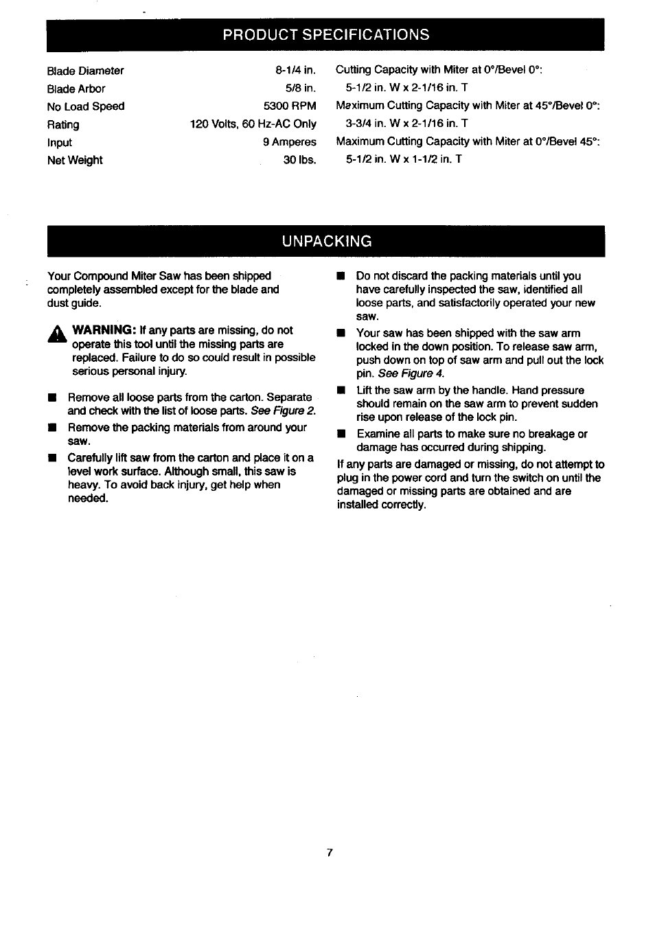 Product specifications, Unpacking | Craftsman 315.212080 User Manual | Page 7 / 36