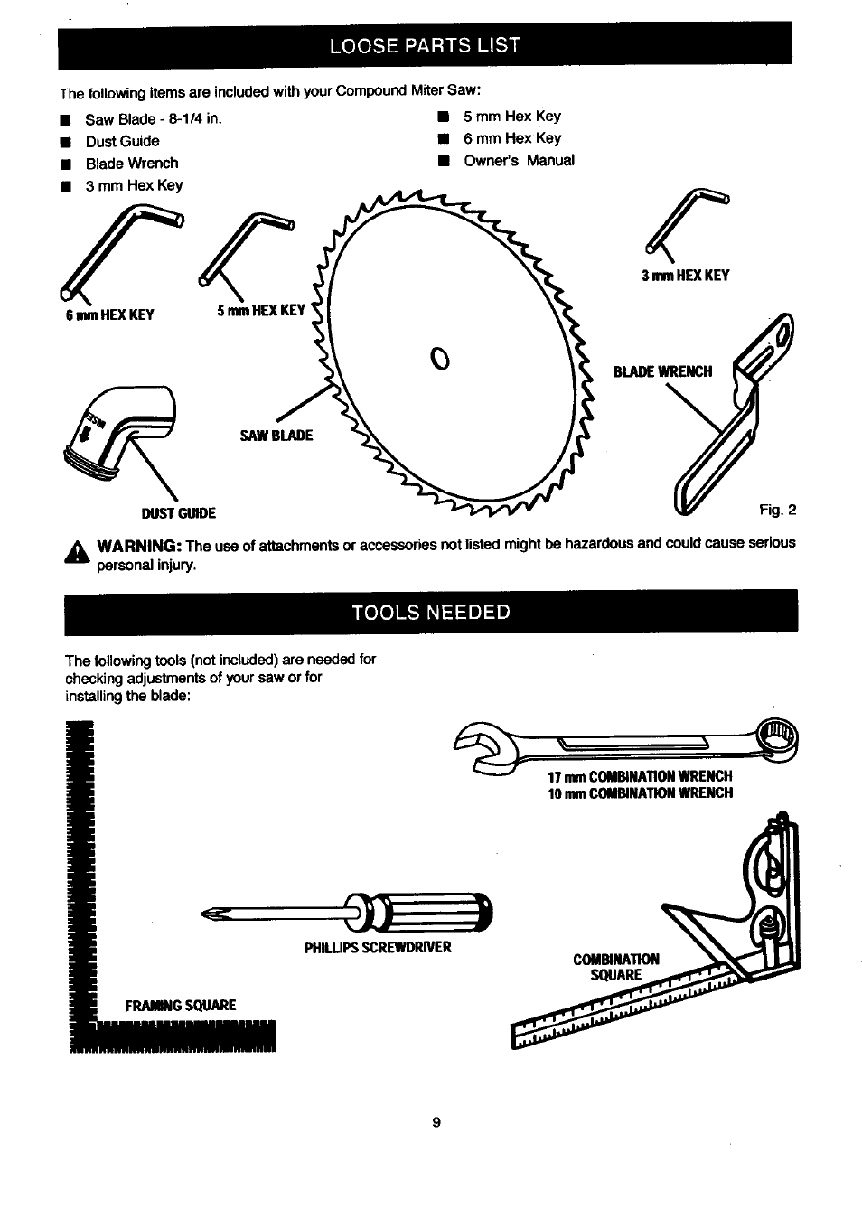 Loose parts list, Tools needed | Craftsman 315.212080 User Manual | Page 9 / 36