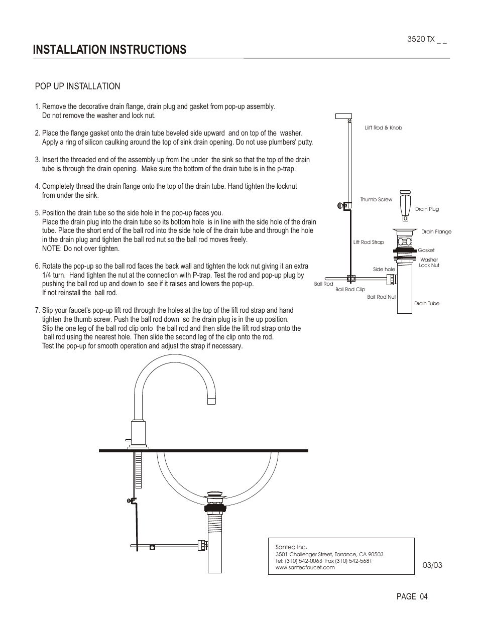 Installation instructions, Pop up installation, Page 04 | Santec 3520TX User Manual | Page 4 / 4