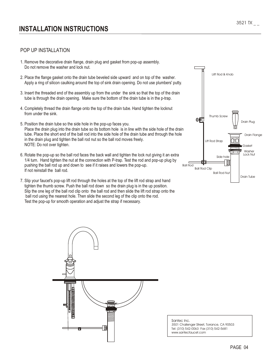 Installation instructions, Pop up installation, Page 04 | Santec 3521TX User Manual | Page 4 / 4