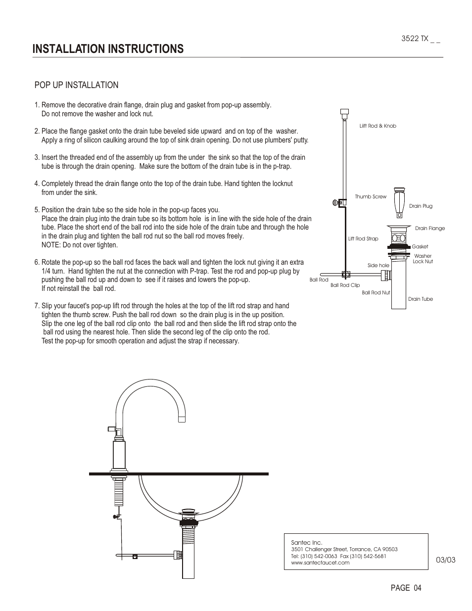 Installation instructions, Pop up installation, Page 04 | Santec 3522TX User Manual | Page 4 / 4