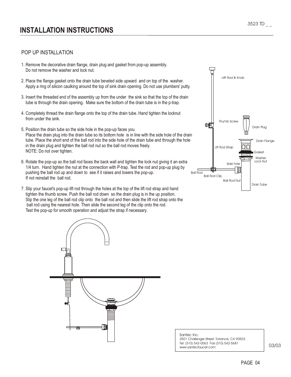 Installation instructions, Pop up installation, Page 04 | Santec 3523TD User Manual | Page 4 / 4