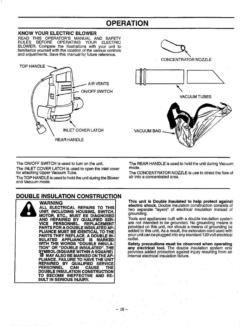 Know your electric blower, Double insulation construction, Operation | Craftsman 358.798340 User Manual | Page 10 / 16