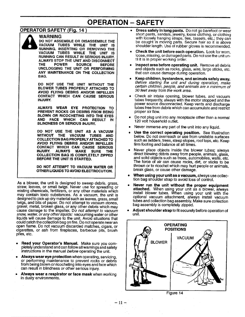 Operator safety (fig. 14 ), Warning, Operation - safety | Craftsman 358.798340 User Manual | Page 11 / 16