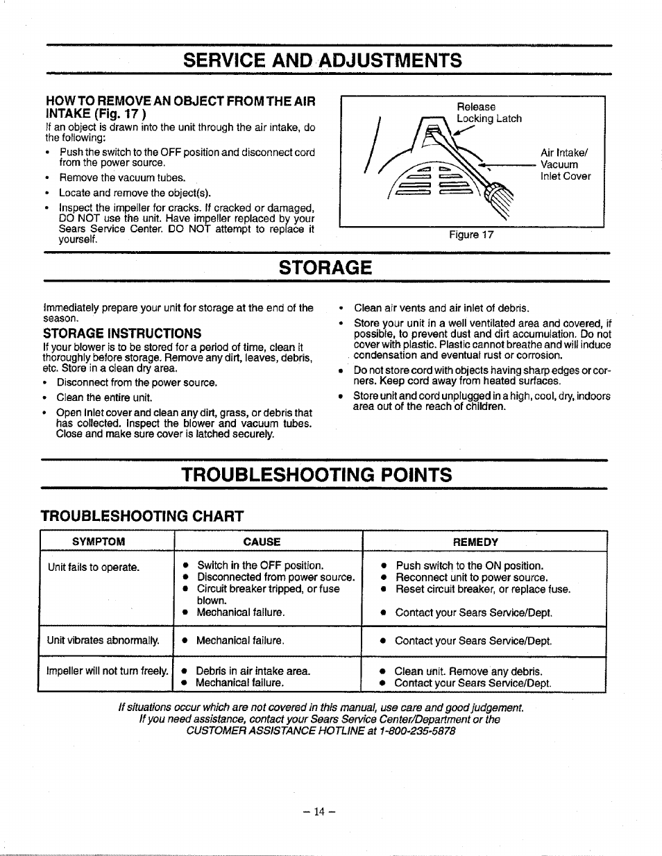 Service and adjustments, Storage, Storage instructions | Troubleshooting points, Troubleshooting chart | Craftsman 358.798340 User Manual | Page 14 / 16