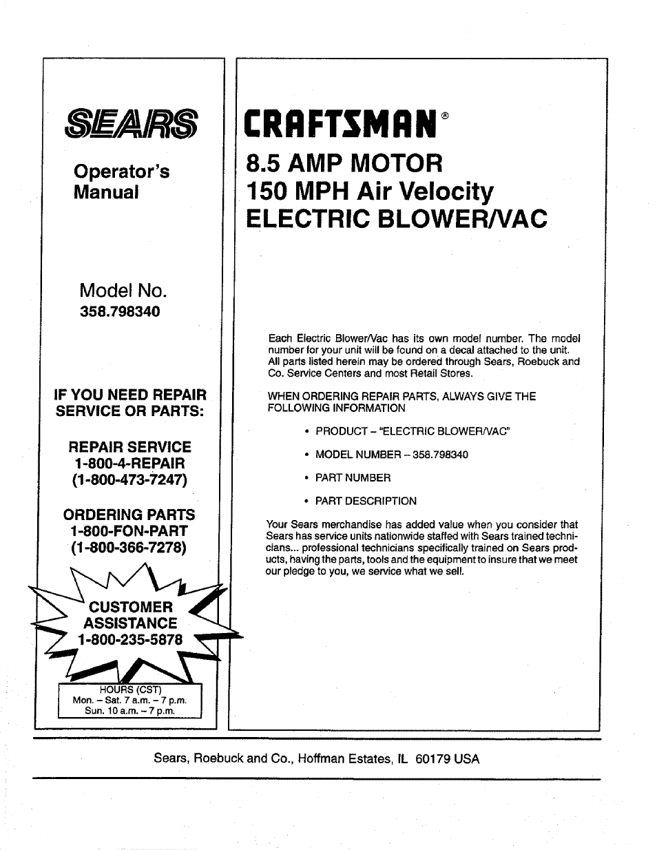 Operator’s, Manual, Craftsman | Model no | Craftsman 358.798340 User Manual | Page 16 / 16