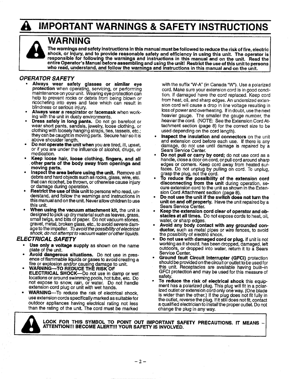 Important warnings & safety instructions, Warning | Craftsman 358.798340 User Manual | Page 2 / 16