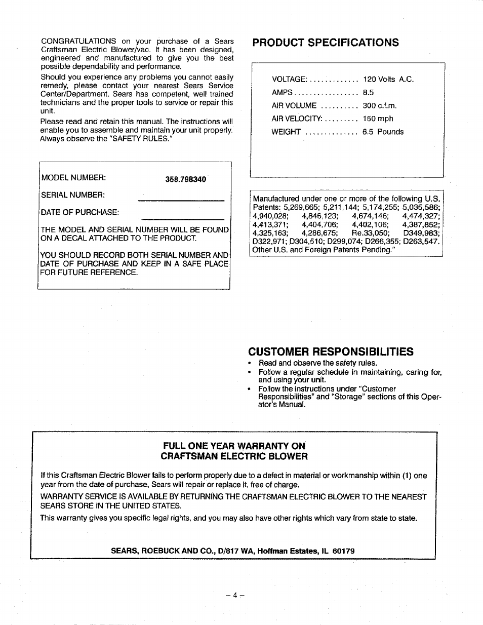 Product speclfications, Customer responsibilities | Craftsman 358.798340 User Manual | Page 4 / 16