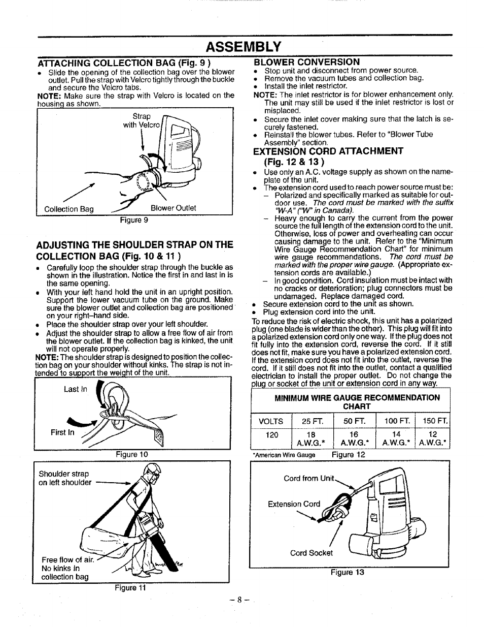 Blower conversion, Extension cord attachment, Assembly | Craftsman 358.798340 User Manual | Page 8 / 16