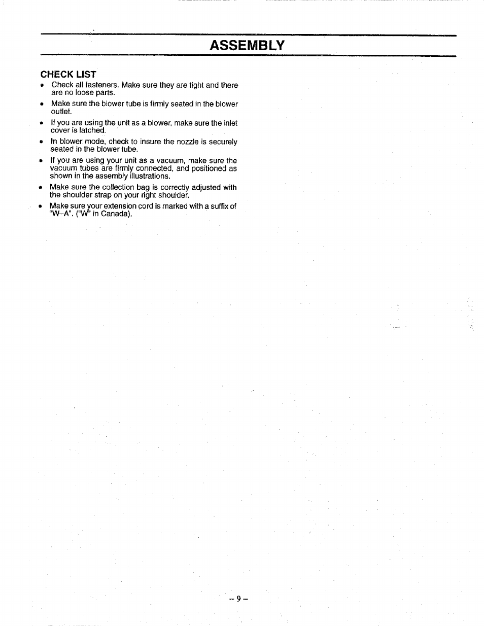 Check list, Assembly | Craftsman 358.798340 User Manual | Page 9 / 16